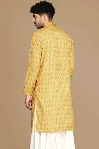 Unleash your style with men's mustard jaquard designer kurta by sanwara