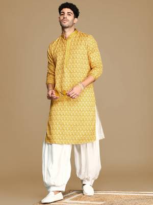 Unleash your style with men's mustard jaquard designer kurta by sanwara 5