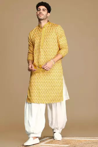 Unleash your style with men's mustard jaquard designer kurta by sanwara