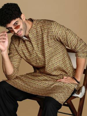 Dapper & dazzling men's printed brown sequins touch up party wear cotton kurta by sanwara 1