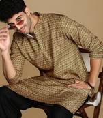 Dapper & dazzling men's printed brown sequins touch up party wear cotton kurta by sanwara