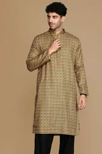 Dapper & dazzling men's printed brown sequins touch up party wear cotton kurta by sanwara