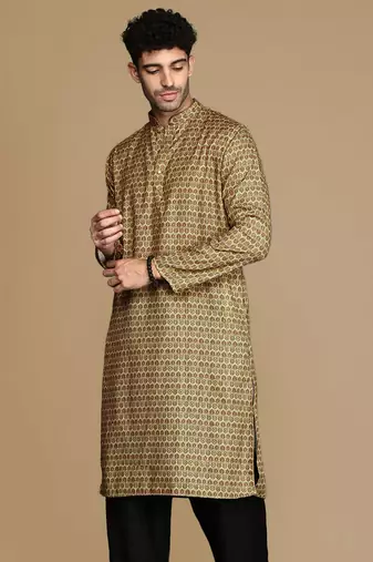 Dapper & dazzling men's printed brown sequins touch up party wear cotton kurta by sanwara