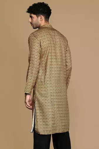 Dapper & dazzling men's printed brown sequins touch up party wear cotton kurta by sanwara