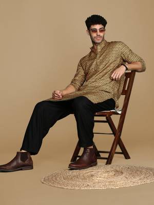Dapper & dazzling men's printed brown sequins touch up party wear cotton kurta by sanwara 5