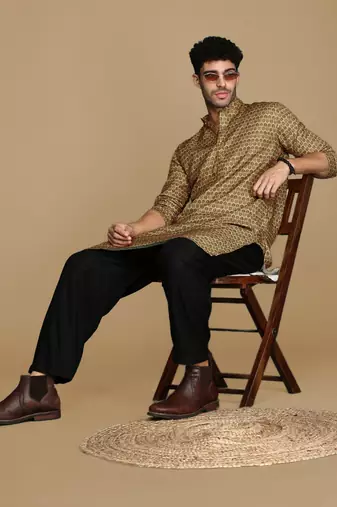 Dapper & dazzling men's printed brown sequins touch up party wear cotton kurta by sanwara