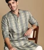 Dapper & dazzling men's printed green sequins touch up fusion wear cotton kurta by sanwara
