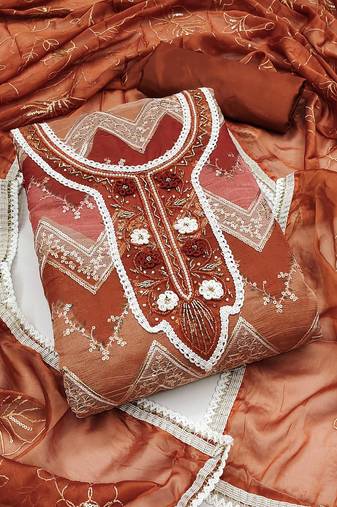 Rust color sequence work oragnza unstitched chudidar dress material - mrfc11374c