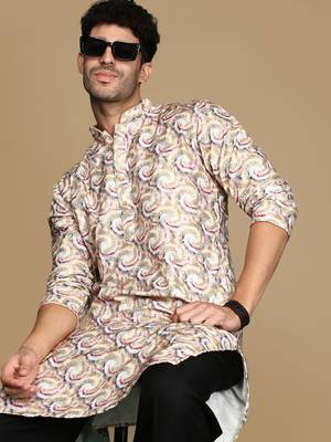 Dapper & dazzling men's printed mustard golden zari touch up trendy wear cotton kurta by sanwara 1