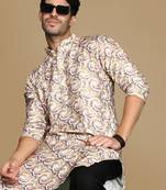 Dapper & dazzling men's printed mustard golden zari touch up trendy wear cotton kurta by sanwara