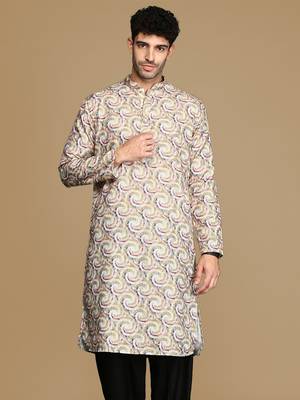 Dapper & dazzling men's printed mustard golden zari touch up trendy wear cotton kurta by sanwara 2