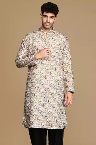 Dapper & dazzling men's printed mustard golden zari touch up trendy wear cotton kurta by sanwara