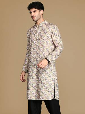 Dapper & dazzling men's printed mustard golden zari touch up trendy wear cotton kurta by sanwara 3