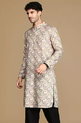 Dapper & dazzling men's printed mustard golden zari touch up trendy wear cotton kurta by sanwara
