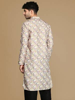 Dapper & dazzling men's printed mustard golden zari touch up trendy wear cotton kurta by sanwara 4
