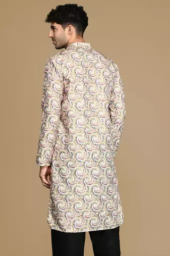 Dapper & dazzling men's printed mustard golden zari touch up trendy wear cotton kurta by sanwara