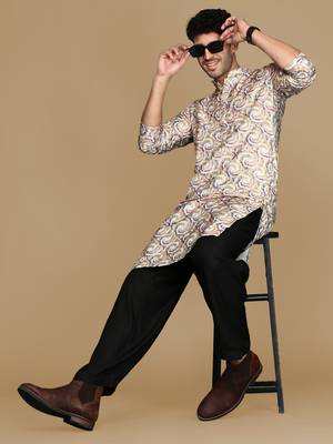 Dapper & dazzling men's printed mustard golden zari touch up trendy wear cotton kurta by sanwara 5