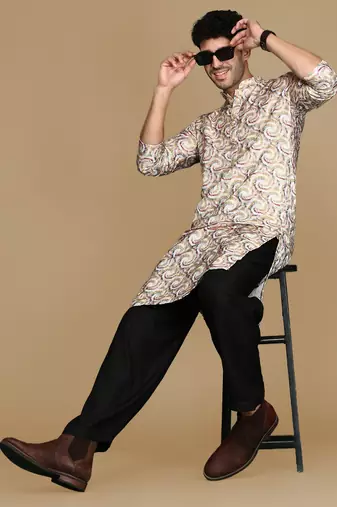 Dapper & dazzling men's printed mustard golden zari touch up trendy wear cotton kurta by sanwara