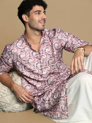 Dapper & dazzling men's printed rust golden zari touch up trendy wear cotton kurta by sanwara 1