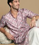 Dapper & dazzling men's printed rust golden zari touch up trendy wear cotton kurta by sanwara