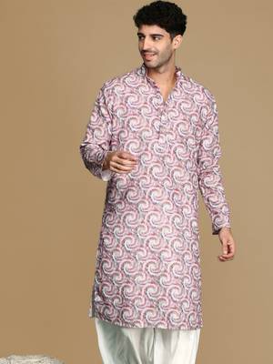 Dapper & dazzling men's printed rust golden zari touch up trendy wear cotton kurta by sanwara 2