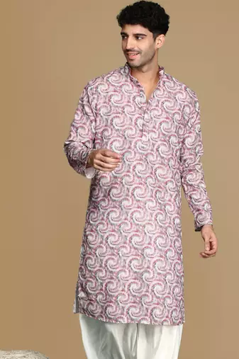 Dapper & dazzling men's printed rust golden zari touch up trendy wear cotton kurta by sanwara