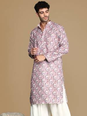 Dapper & dazzling men's printed rust golden zari touch up trendy wear cotton kurta by sanwara 3