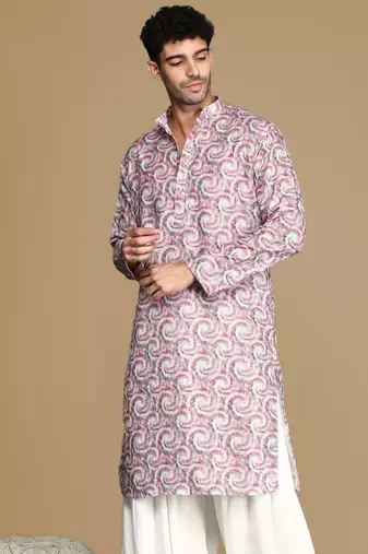 Dapper & dazzling men's printed rust golden zari touch up trendy wear cotton kurta by sanwara