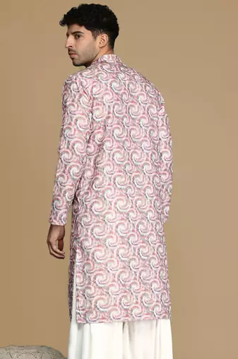 Dapper & dazzling men's printed rust golden zari touch up trendy wear cotton kurta by sanwara