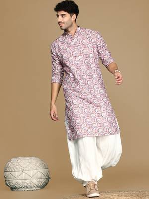 Dapper & dazzling men's printed rust golden zari touch up trendy wear cotton kurta by sanwara 5