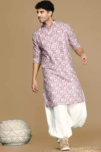 Dapper & dazzling men's printed rust golden zari touch up trendy wear cotton kurta by sanwara