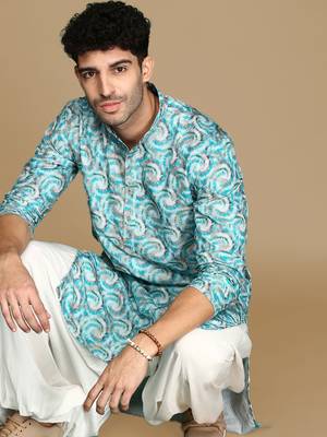 Dapper & dazzling men's printed sku blue golden zari touch up trendy wear cotton kurta by sanwara 1