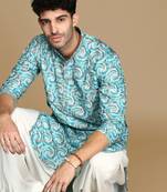 Dapper & dazzling men's printed sku blue golden zari touch up trendy wear cotton kurta by sanwara
