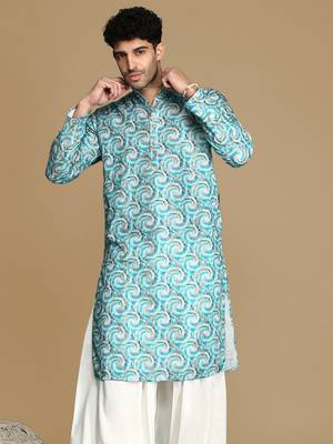 Dapper & dazzling men's printed sku blue golden zari touch up trendy wear cotton kurta by sanwara 2