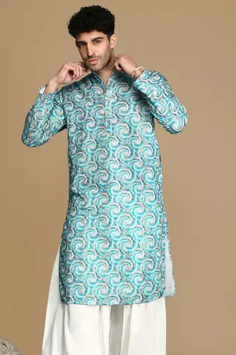 Dapper & dazzling men's printed sku blue golden zari touch up trendy wear cotton kurta by sanwara