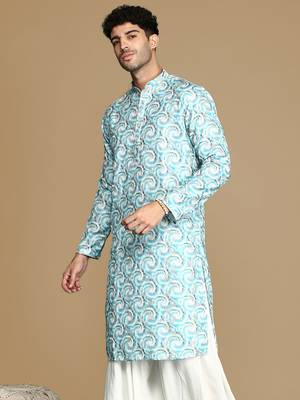 Dapper & dazzling men's printed sku blue golden zari touch up trendy wear cotton kurta by sanwara 3
