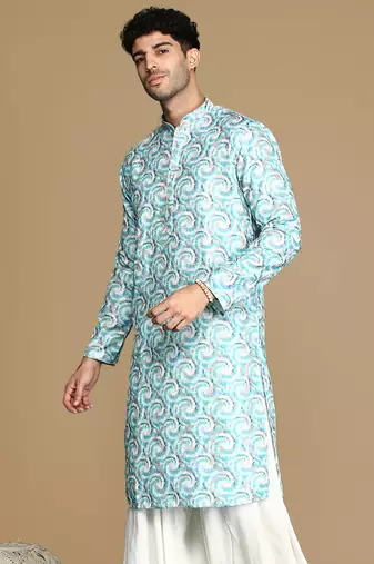 Dapper & dazzling men's printed sku blue golden zari touch up trendy wear cotton kurta by sanwara