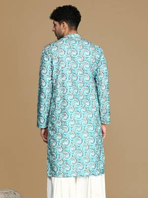 Dapper & dazzling men's printed sku blue golden zari touch up trendy wear cotton kurta by sanwara 4