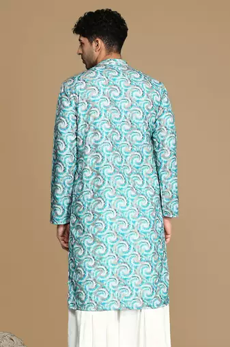 Dapper & dazzling men's printed sku blue golden zari touch up trendy wear cotton kurta by sanwara