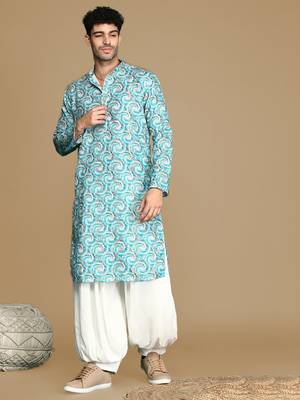 Dapper & dazzling men's printed sku blue golden zari touch up trendy wear cotton kurta by sanwara 5