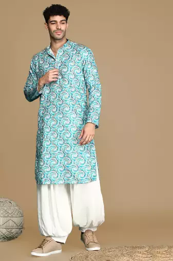 Dapper & dazzling men's printed sku blue golden zari touch up trendy wear cotton kurta by sanwara