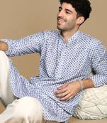 Unleash your style with men's blue printed trendy fusion wear kurta by sanwara