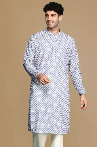 Unleash your style with men's blue printed trendy fusion wear kurta by sanwara