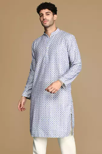 Unleash your style with men's blue printed trendy fusion wear kurta by sanwara