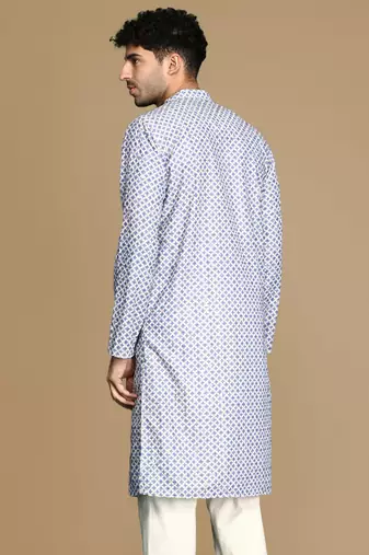Unleash your style with men's blue printed trendy fusion wear kurta by sanwara