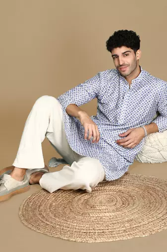 Unleash your style with men's blue printed trendy fusion wear kurta by sanwara