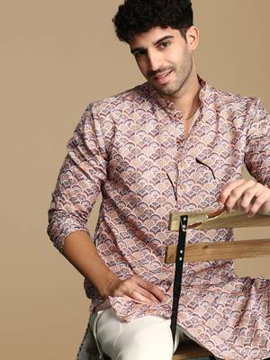 Unleash your style with men's brown printed trendy fusion wear kurta by sanwara 1