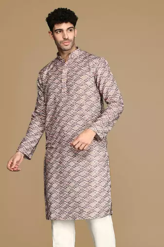 Unleash your style with men's brown printed trendy fusion wear kurta by sanwara