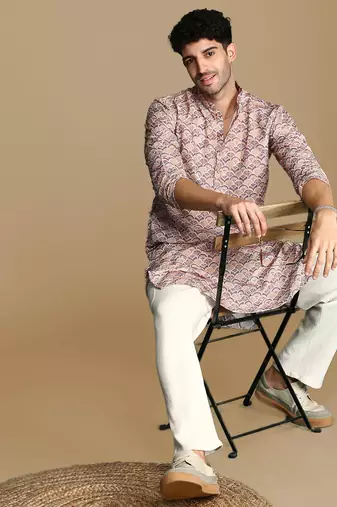 Unleash your style with men's brown printed trendy fusion wear kurta by sanwara