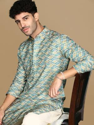 Unleash your style with men's firozi printed trendy fusion wear kurta by sanwara 1